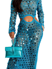 Blue sequined mesh cutout maxi dress with long sleeves and a bodycon fit.