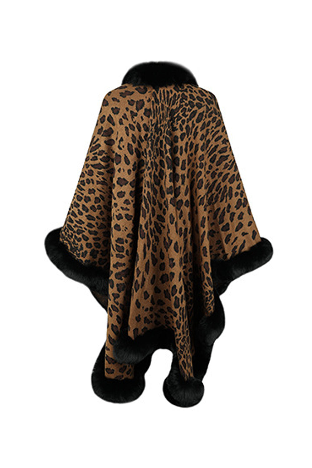 Camel leopard print faux fur trim cape with black fur collar and hem