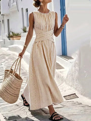 Full Size Striped Sleeveless Maxi Dress in Pink, close-up detail