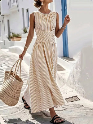 Full Size Striped Sleeveless Maxi Dress in Pink, close-up detail