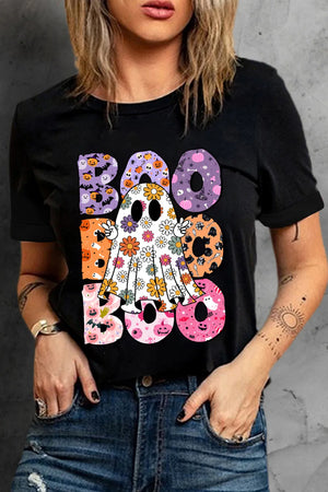 Black t-shirt with a floral ghost graphic and "Boo" text in Halloween patterns.