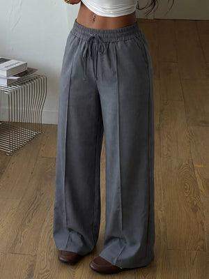 High-waisted Wide-leg Drawstring Pants in Dark Gray, side view