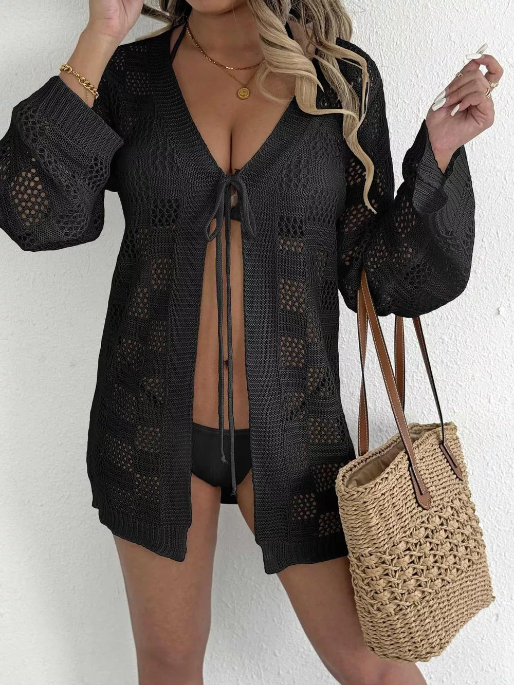 Black openwork crochet tie-front maternity cover-up with bell sleeves and V-neck