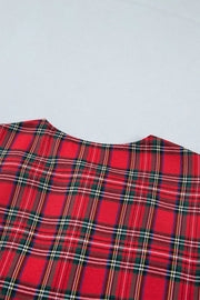 Plaid Knot Neck Short Sleeve Mini Dress in Burgundy, view 11