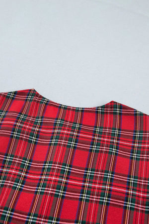 Plaid Knot Neck Short Sleeve Mini Dress in Burgundy, view 11