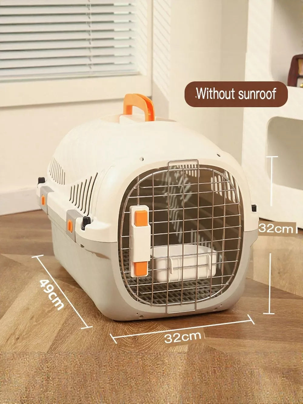 Two-tone medium pet carrier bag in white and gray with orange accents and metal grate door.