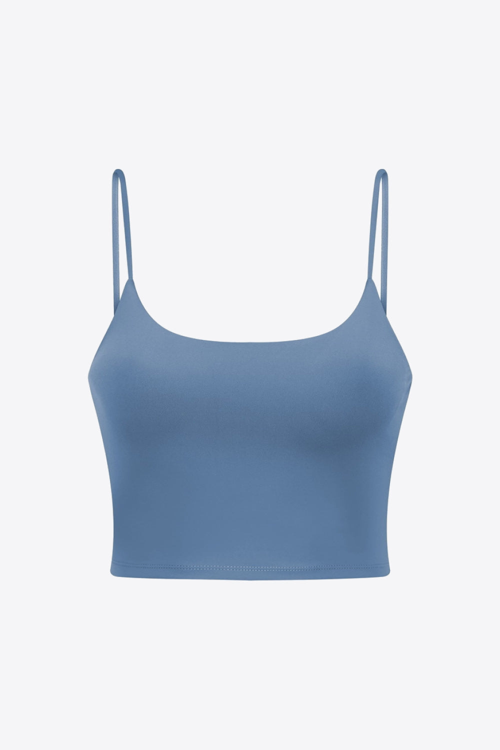 Light blue scoop neck crop tank top with thin spaghetti straps.