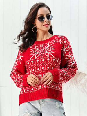 Red acrylic crewneck sweater with white snowflake pattern.