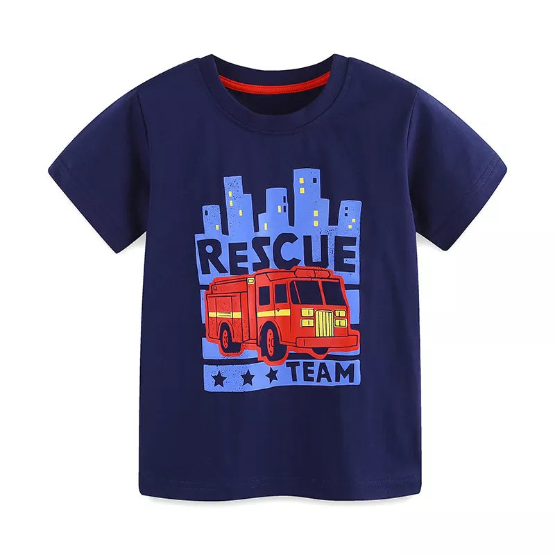 Navy cotton blend toddler t-shirt with rescue truck and city graphic.