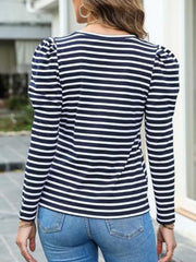 Navy and white striped tee with puff sleeves and a crew neck.