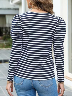 Navy and white striped tee with puff sleeves and a crew neck.