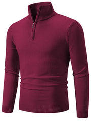Burgundy slim fit quarter zip sweater with ribbed collar and cuffs