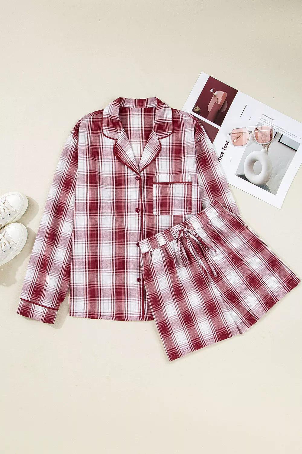 Red plaid cotton pajama set with pocketed button-up top and drawstring shorts.
