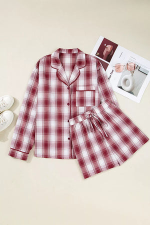 Red plaid cotton pajama set with pocketed button-up top and drawstring shorts.
