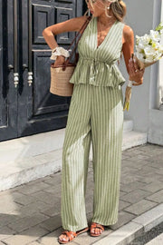 Sage striped two-piece set with peplum top and wide-leg pants