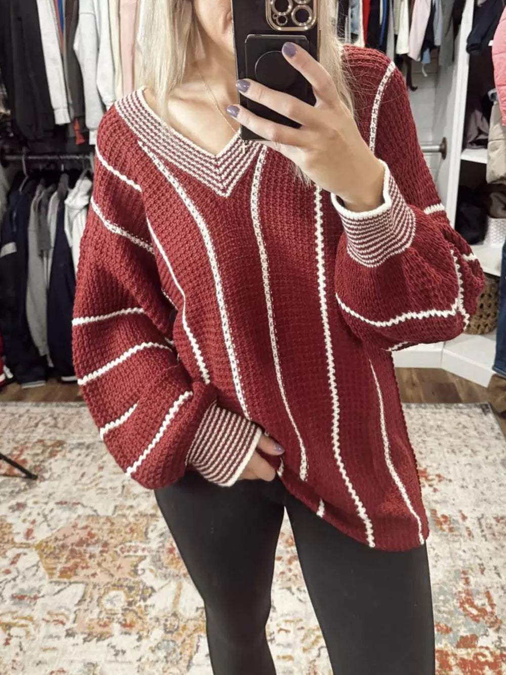 V-neck Striped Contrast Sweater in Dark Green, product detail