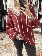 V-neck Striped Contrast Sweater in Dark Green, product detail