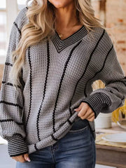 V-neck Striped Contrast Sweater in Dark Green, editorial view