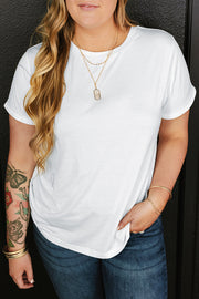 White cotton crewneck t-shirt with cuffed sleeves and a relaxed fit.