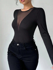 Black ribbed long sleeve bodysuit with plunging mesh neckline