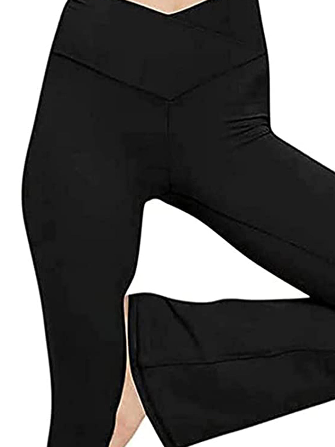 Black V-waist flare leggings with a high rise and bootcut leg