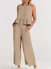 Ruffled Hem Sleeveless Top And Wide-leg Pants Set Plus Size in Black, view 20