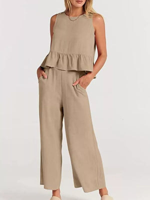 Ruffled Hem Sleeveless Top And Wide-leg Pants Set Plus Size in Black, view 20