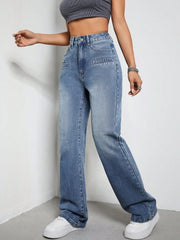 Medium wash cotton wide-leg jeans with utility pockets and a high waist.