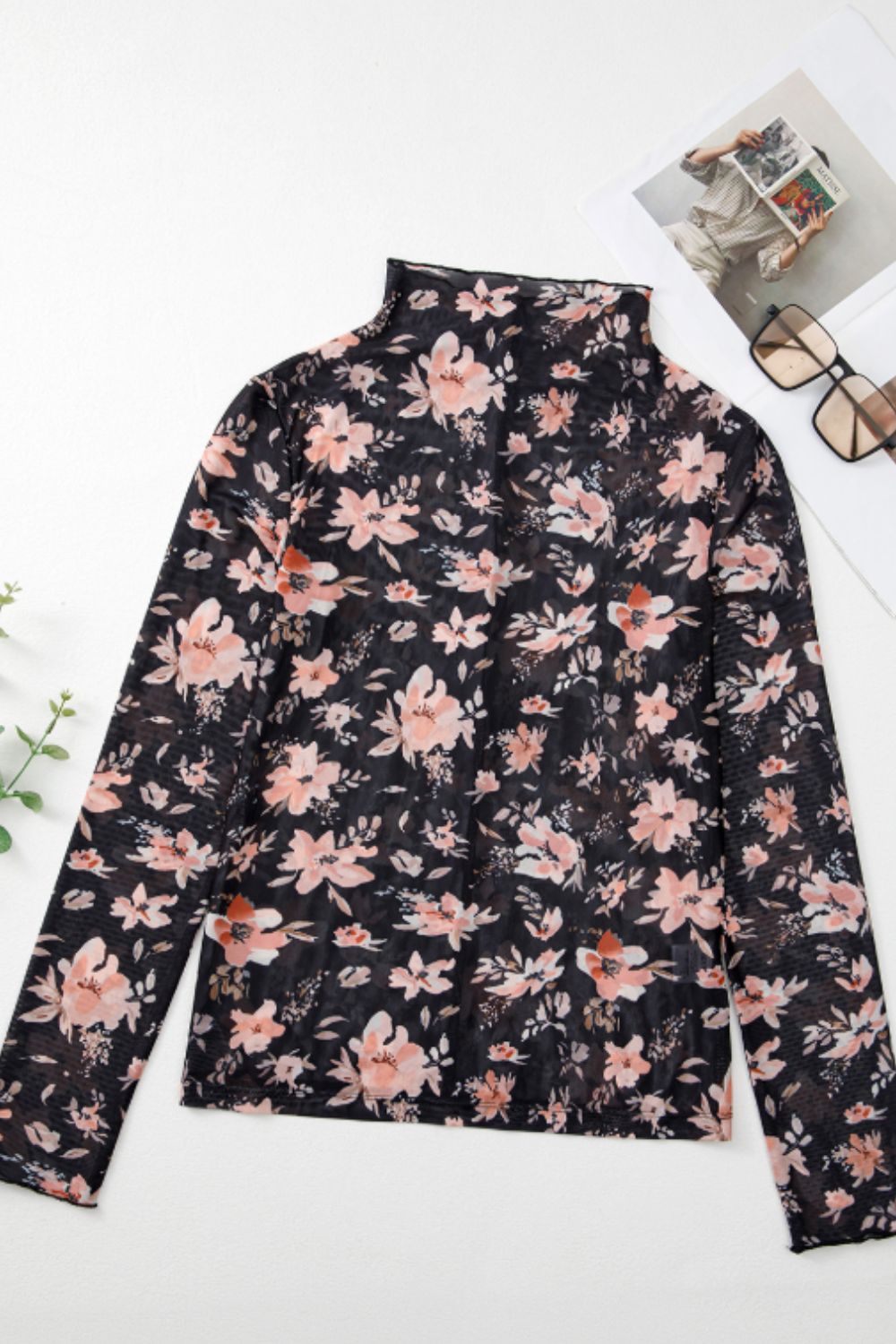 Black sheer floral mock neck blouse with long sleeves