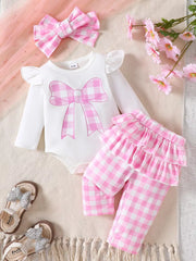 Children's Ruffled Bow Bodysuit And Pants Set in Pink, fabric detail