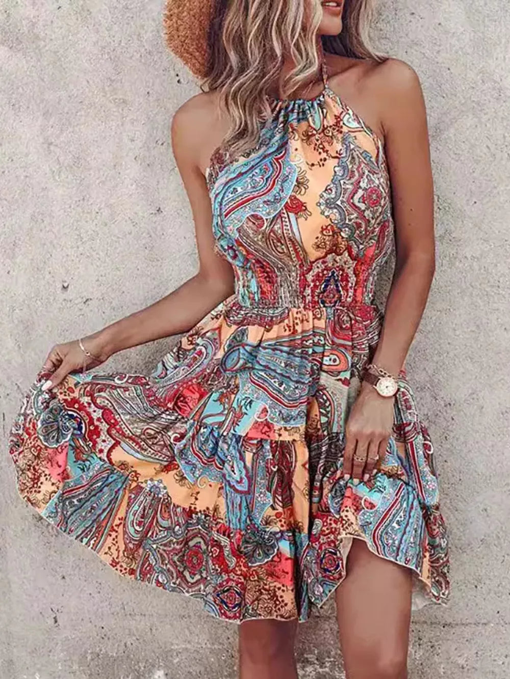 Bohemian Printed Halter Mini Dress in Sherbet, close-up detail