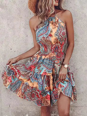 Bohemian Printed Halter Mini Dress in Sherbet, close-up detail
