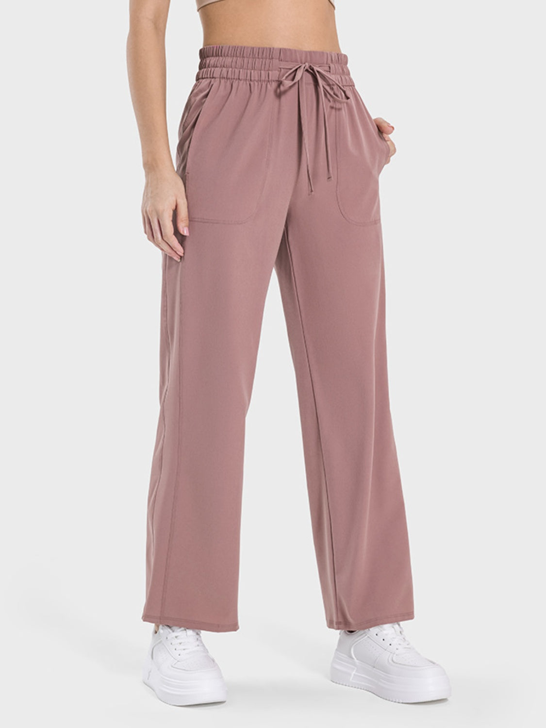 Light Mauve Relaxed Drape Drawstring Palazzo Pants with pockets and wide leg