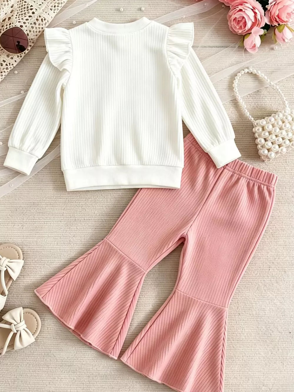 Children's Ruffled Long Sleeve Top And Flare Pants Set in White, back view