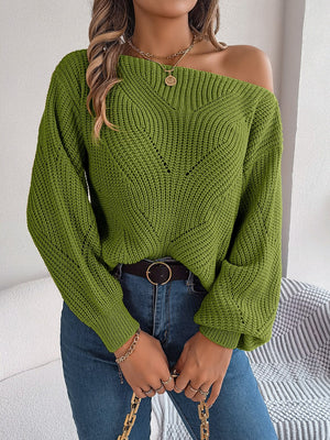 Moss green off-the-shoulder knit sweater with openwork detail and long sleeves.