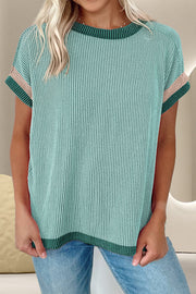 Ribbed tee in Gum Leaf green with colorblock trim and short sleeves.