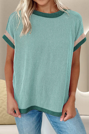 Ribbed tee in Gum Leaf green with colorblock trim and short sleeves.