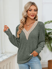 Moss ribbed knit sweater with crochet trim V-neck and long sleeves.