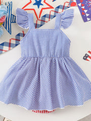 Baby dress with blue and white stripes, ruffled sleeves, and a red gingham bloomer.