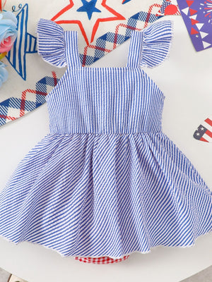 Baby dress with blue and white stripes, ruffled sleeves, and a red gingham bloomer.
