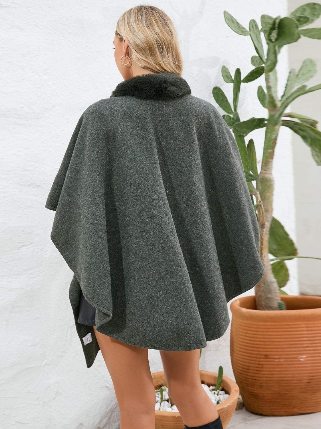Dark green faux fur collar wrap poncho with a soft texture.