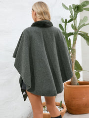 Dark green faux fur collar wrap poncho with a soft texture.