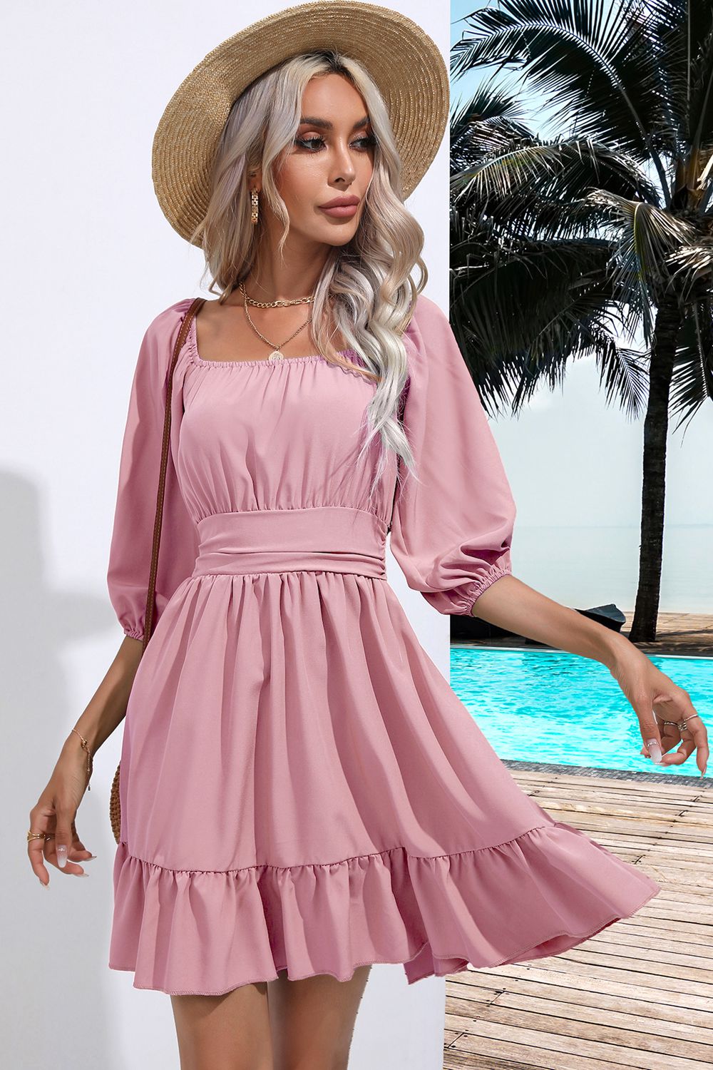Blush pink mini dress with square neckline, puff sleeves, and ruffled hem.