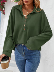Army green waffle knit henley blouse with button detail and collar