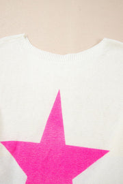 White knit sweater with a large neon pink star graphic and crew neck.
