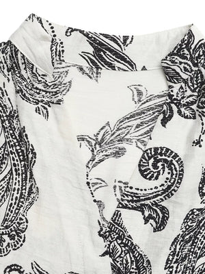 Paisley print maternity maxi dress with notched neckline and ruffles in black and white.