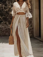 Lace crop top with bell sleeves and slit maxi skirt set in apricot, women's casual outfit