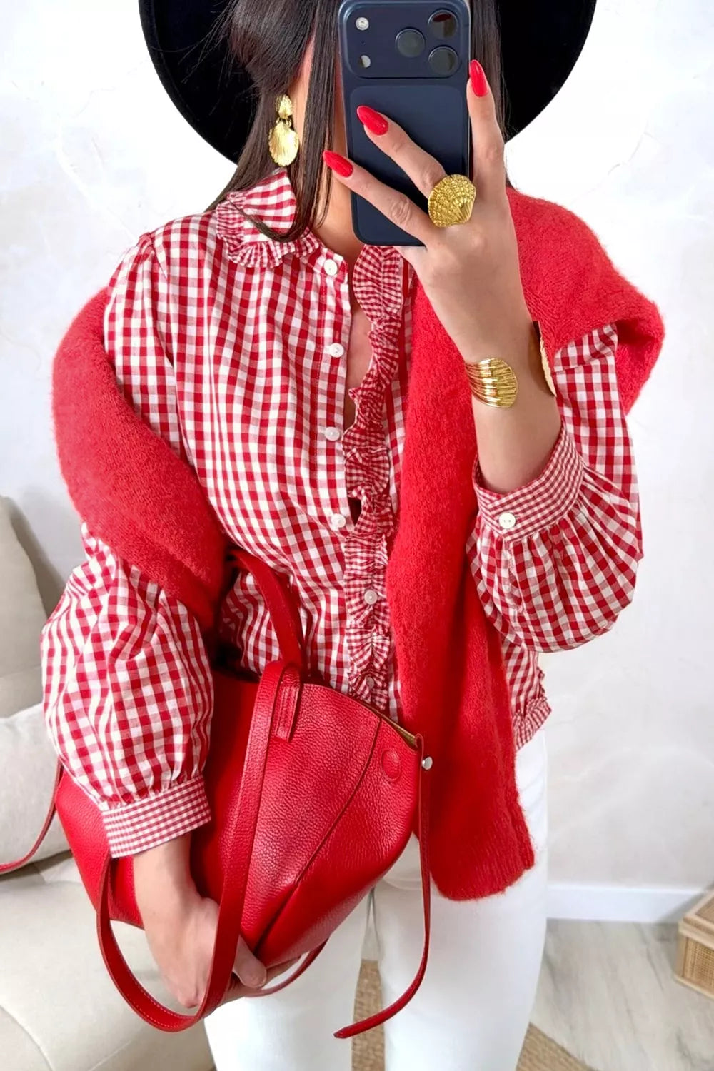 Plaid Long Sleeve Button Down Frill Shirt, model styling view