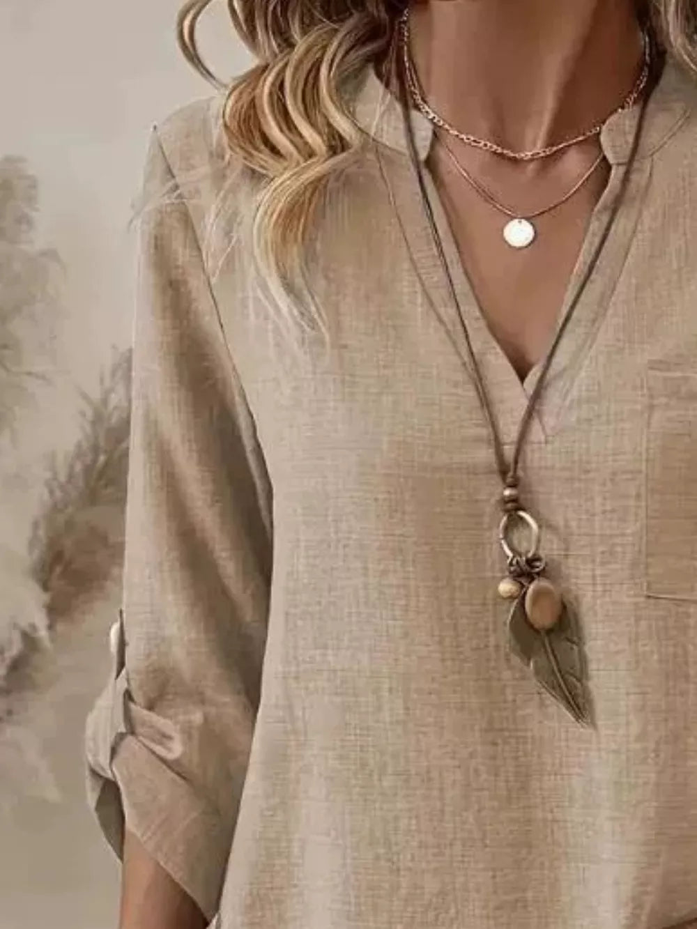 Casual V-neck Roll-sleeve T-shirt With Pocket in Khaki, model styling view