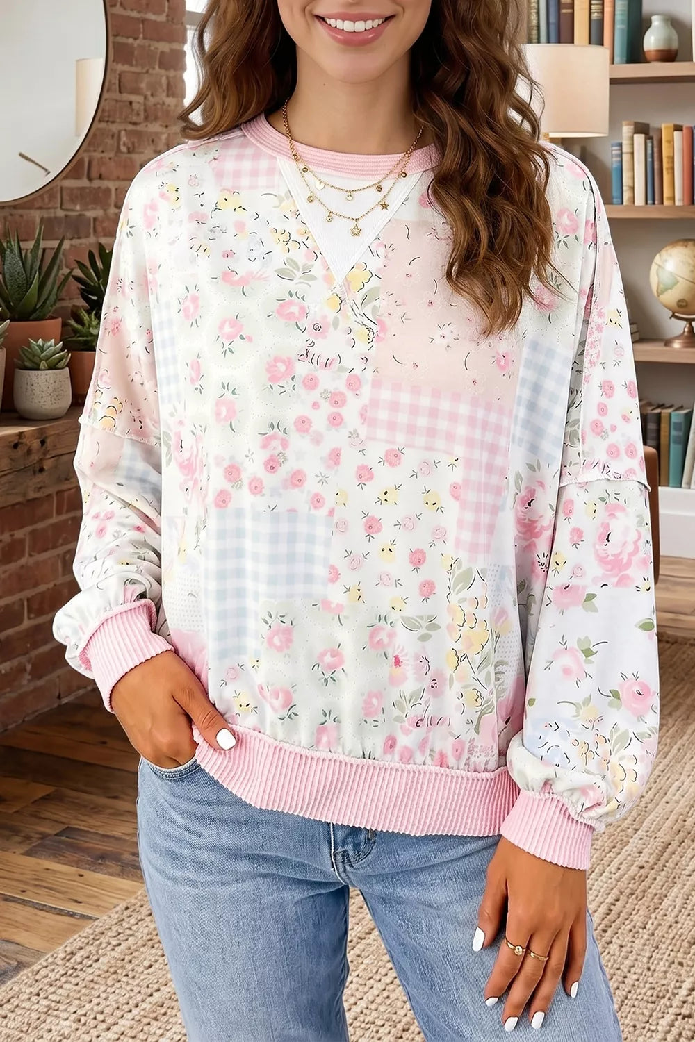 Twisted Ribbed Trim Floral Print Sweatshirt in Blush Pink, front view